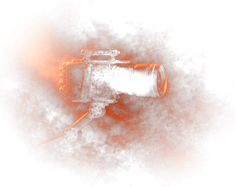 Cinema camera rig on a stabiliser arm, emerging from lit haze